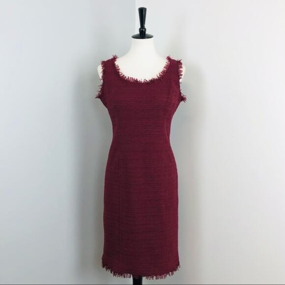 Worth New York Burgundy Tweed & Fringe Sheath Sleeveless Dress 8 Career - Picture 1 of 8